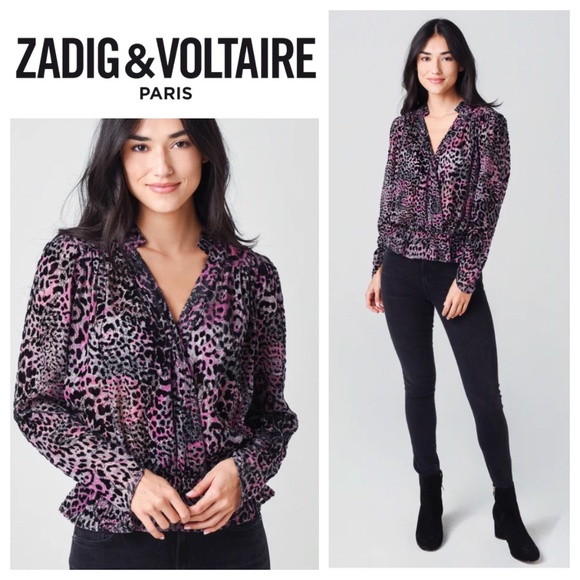 Zadig & Voltaire Tori Large Shirt Top Velour Animal Print Silk Purple Black - Picture 1 of 4
